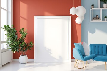 white mockup frame, interior Red and blue walls shelving, geometric shapes, plants, and natural light flow