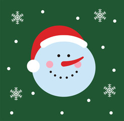 Illustration of a snowman character face wearing a red Santa hat on a green background with snow falling.