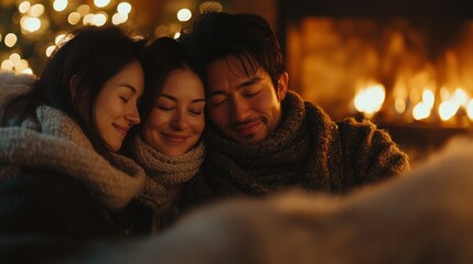 Fototapeta premium a cozy home setting with a fireplace, couples sharing a quiet moment as the new year begins, christmas eve