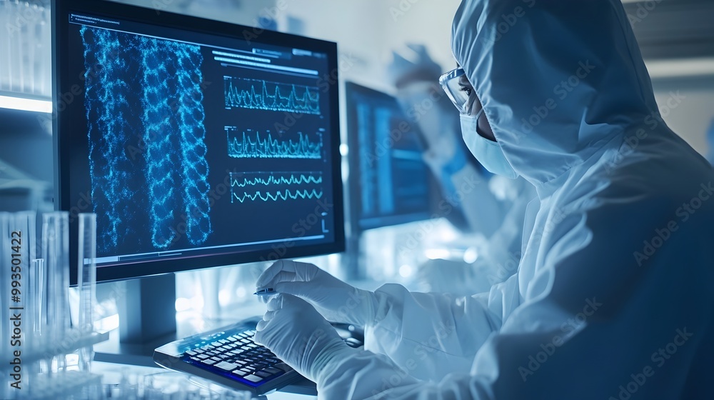 Aufkleber biotechnology researchers analyzing dna sequence data on digital monitors in clean lab environment