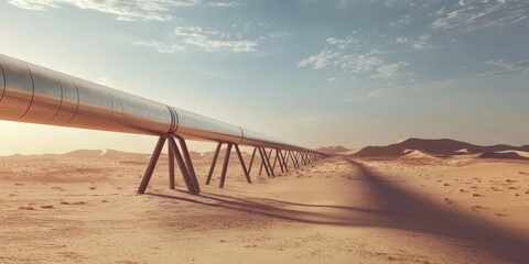 Fototapeta premium A long pipeline stretches across a desert landscape under a vast sky, showcasing industrial design and natural beauty.