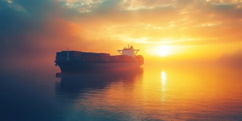 Obraz premium A majestic cargo ship illuminated by a vibrant sunset, drifting through calm waters in a misty atmosphere.