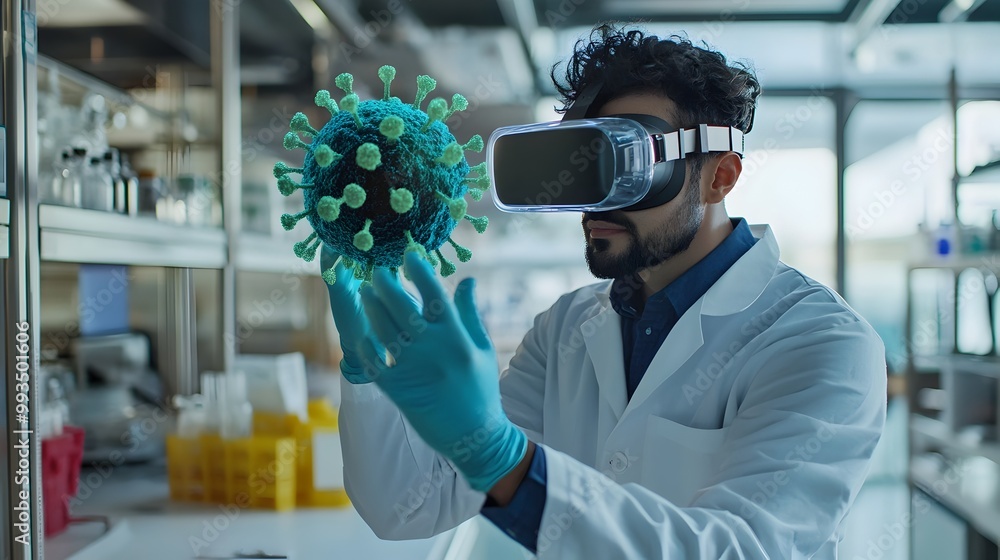 Poster scientist in vr exploring 3d virus model in high-tech biotech lab