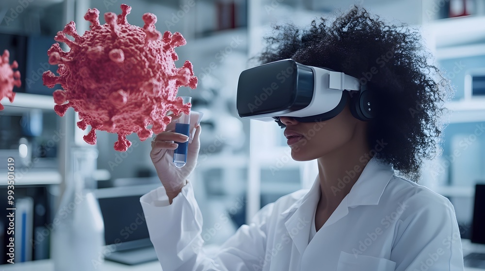 Poster scientist wearing vr goggles interacting with 3d virus model in high-tech biotech lab