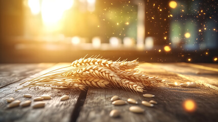 Golden Wheat Ears on Rustic Wooden Table with Sunlight and Dust Particles in the Background
