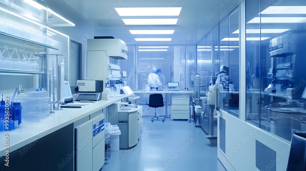 Poster automated biotech lab producing synthetic biological materials in sterile high-tech environment