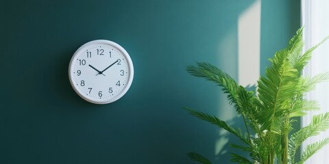 A modern wall clock placed on a green wall next to a lush plant, creating a fresh and vibrant atmosphere in any room.