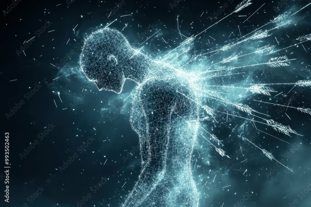 Poster a digital figure being hit by arrows made of pixels symbolizing the direct and painful attacks of cy