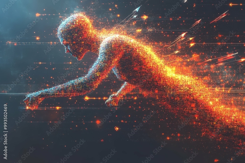 Poster a digital figure being hit by arrows made of pixels symbolizing the direct and painful attacks of cy