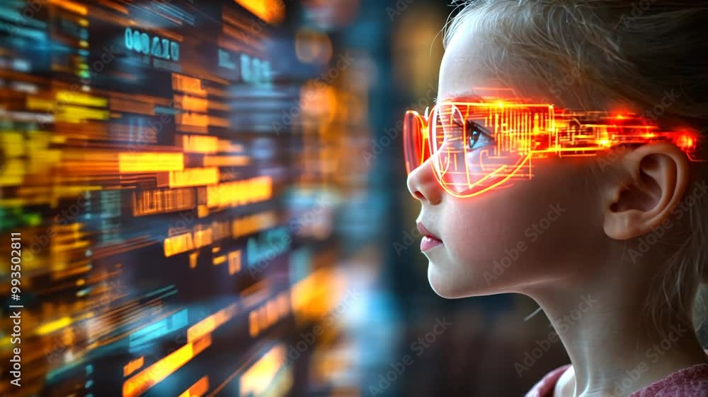 Poster young child with futuristic glasses observing digital data display generative ai