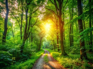 Fototapeta premium Serene Pathway Through Lush Green Forest with Sunlight Filtering Through Dense Tree Canopy