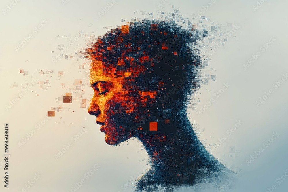 Poster a human figure dissolving into fragmented pixels representing the disintegration of self-esteem caus