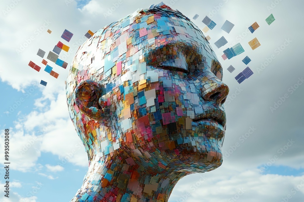 Poster a human figure dissolving into fragmented pixels representing the disintegration of self-esteem caus