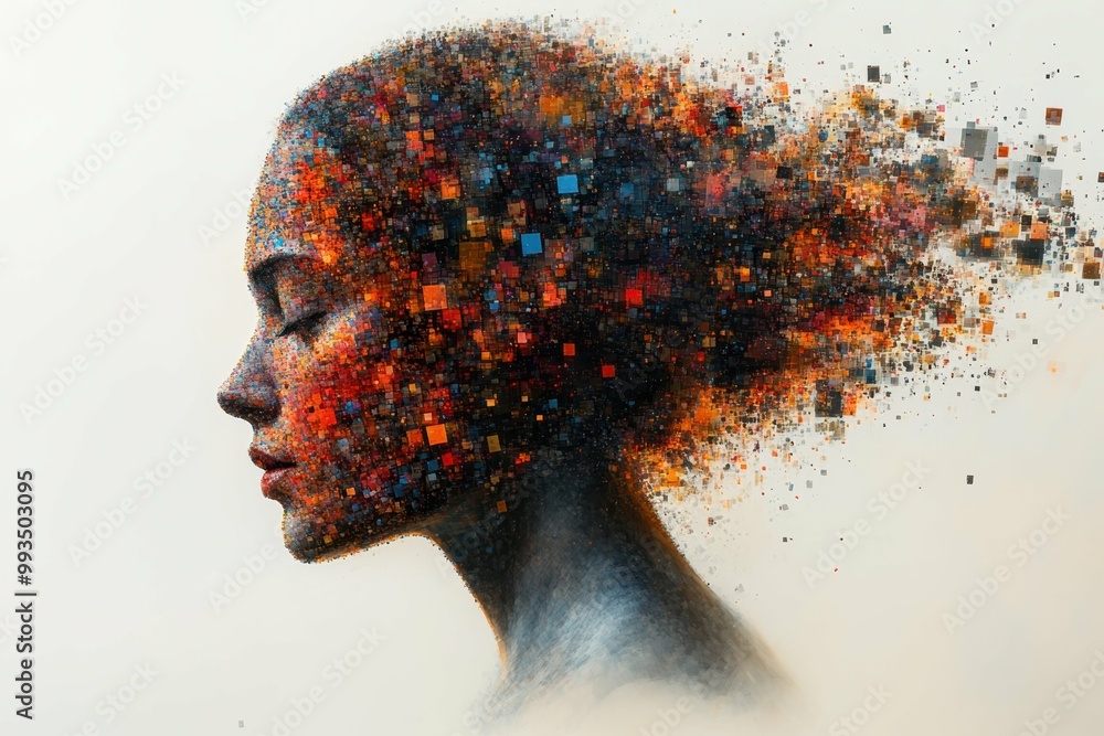 Poster a human figure dissolving into fragmented pixels representing the disintegration of self-esteem caus