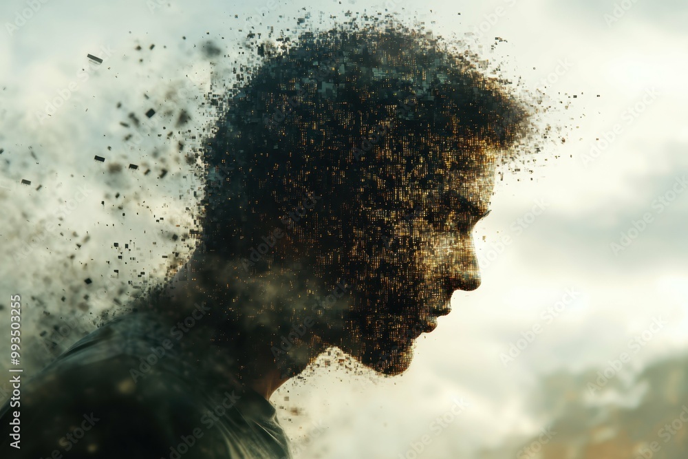 Aufkleber a human figure dissolving into fragmented pixels representing the disintegration of self-esteem caus