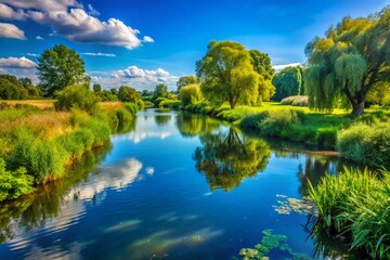 Obraz premium Serene River Stour Landscape with Lush Greenery and Calm Waters under a Clear Blue Sky
