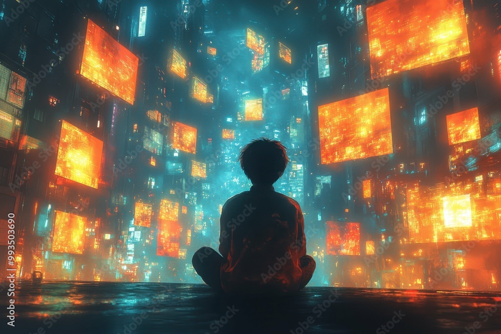 Poster a person sitting in a dark room illuminated by the light of multiple screens with a look of despair 