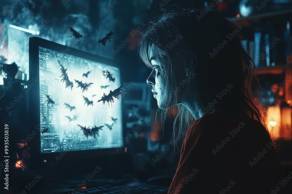 Aufkleber a person staring blankly at a computer screen with a haunted expression alone in a dark room