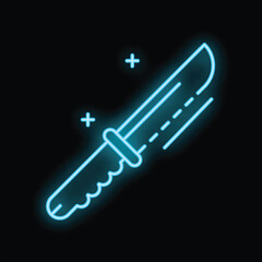 Blue neon sign of sharp hunting knife with serrated blade glowing on black background