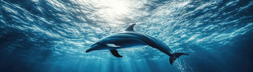 Low-angle view of a dolphin ballet under shimmering waters, surreal lighting creating magical waves