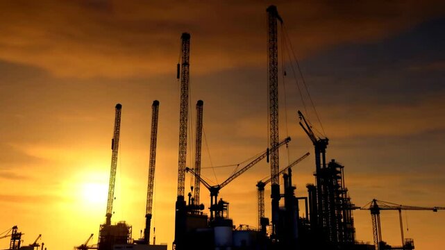 An industrial plant glows in the fading sunlight, with tower cranes silhouetted against the sky