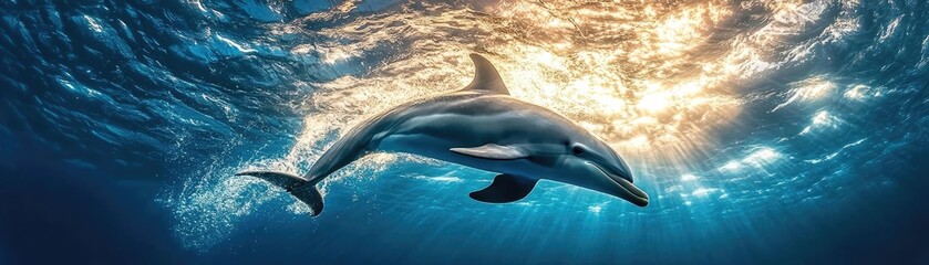 Fototapeta premium Low-angle view of a dolphin ballet under shimmering waters, surreal lighting creating magical waves