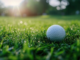 Obraz premium close up photo of a golf ball on the grass with the sun