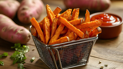 A basket of crispy sweet potato fries served with ketchup and fresh parsley.