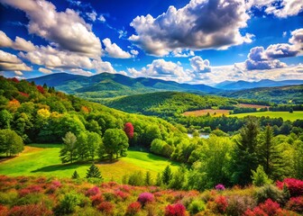 Fototapeta premium Serene Summer Landscape in New Hampshire with Lush Greenery and Clear Blue Skies Overhead