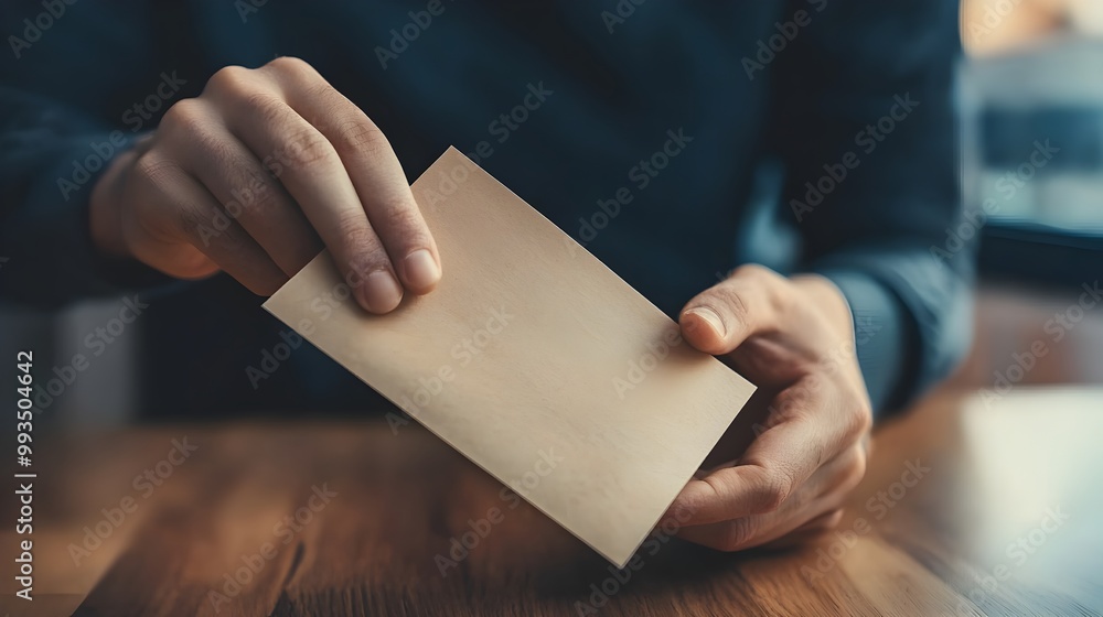 Poster hands pulling ballot paper from envelope for mail-in voting process