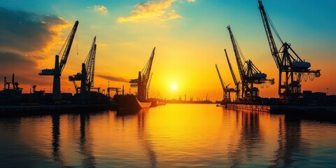 Obraz premium A stunning sunset over a bustling harbor with cranes silhouetted against vibrant sky colors, reflecting beautifully on the water.