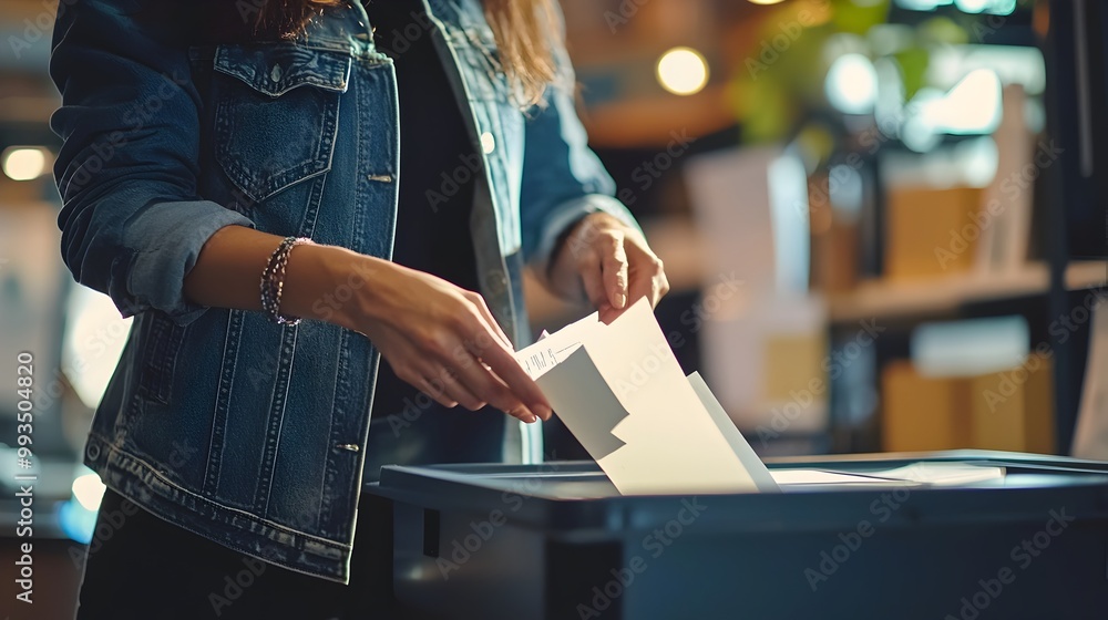 Poster poll worker securely depositing ballot into secure box for vote counting