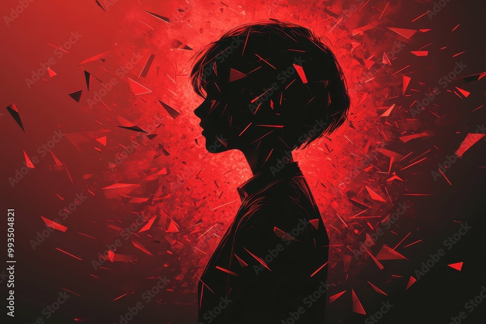 Poster a stylized silhouette of a person being hit by a barrage of sharp jagged digital shapes symbolizing 