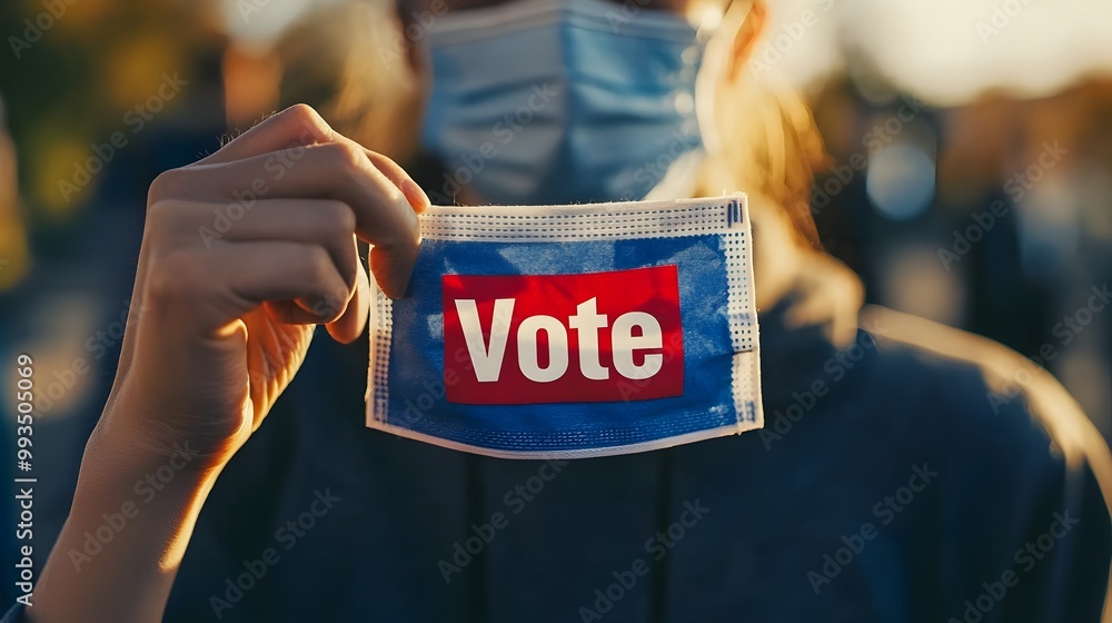 Poster hand adjusting face mask with vote slogan in polling line during pandemic