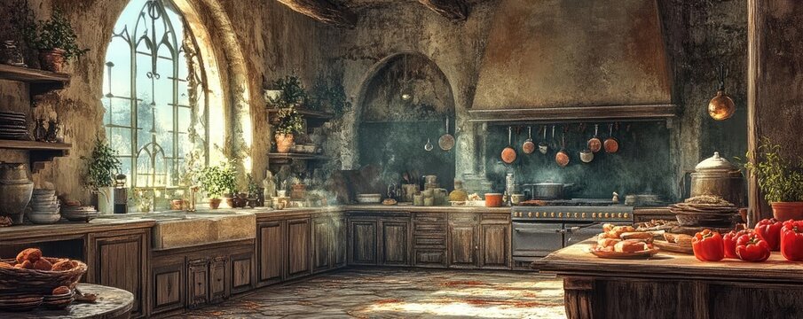 Majestic castle kitchens, ethereal spices floating, vibrant colors, surreal food landscapes, magical atmosphere