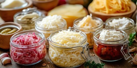 A vibrant assortment of various cheeses in jars, perfect for culinary and food photography projects.