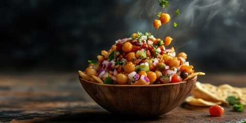 Naklejka premium A vibrant bowl of chickpea salad, garnished with fresh herbs and vegetables, perfect for healthy meal inspiration.