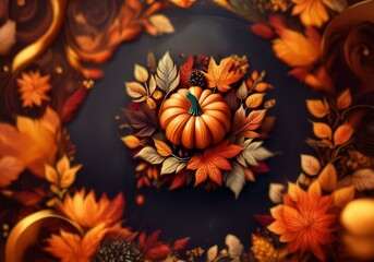 A single orange pumpkin surrounded by autumn leaves and a pine cone in the center of the frame.