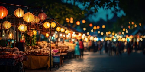 A vibrant night market illuminated by colorful lanterns, showcasing stalls filled with various goods and a lively atmosphere.