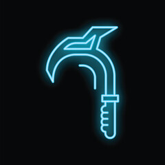 Blue glowing neon line sickle icon isolated on black background