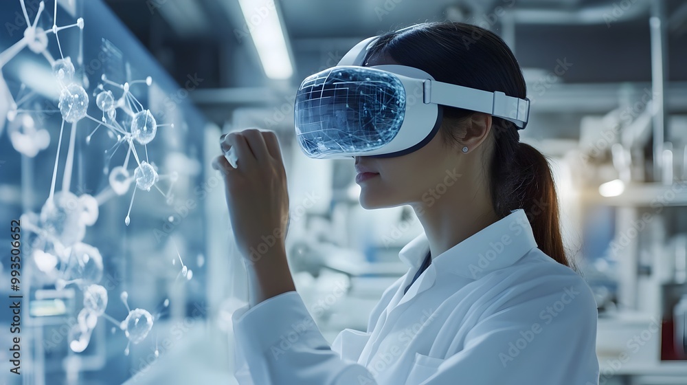 Poster biotech researchers using virtual reality to manipulate molecular structures in futuristic lab