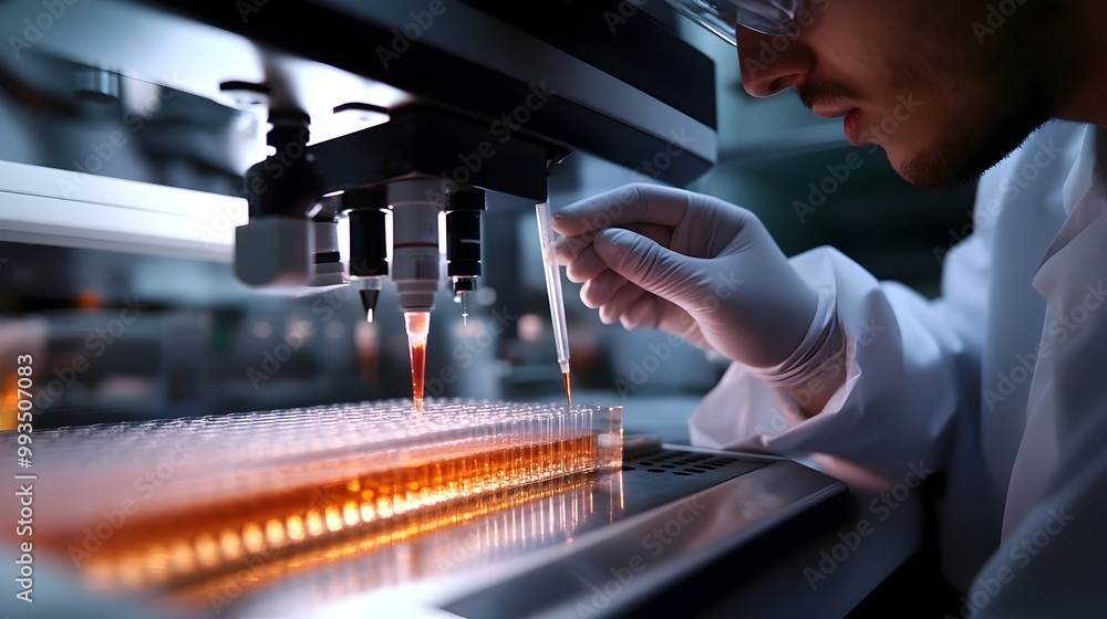 Poster scientist inserting samples into high-tech dna sequencing machine for biotech innovation