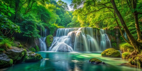 Fototapeta premium Serene Waterfall Cascading Through Lush Green Forest in Tranquil Nature Landscape Wallpaper