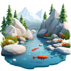 3D cartoon river with clear water, red salmon fish, and mountain landscape. on a solid white background