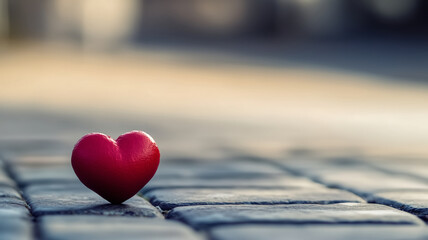 Fototapeta premium Red Heart-Shaped Object on Cobblestone Street in Soft Focus Background