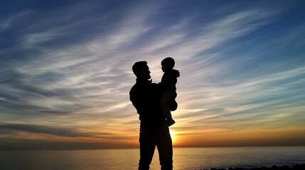 Father Embracing Son at Sunset with Gentle Waves and Warm Glow