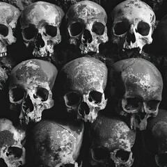 A collection of black and white images of skulls, Halloween elements, Happy Hallowee