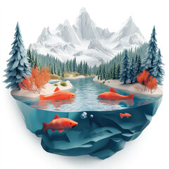 3D cartoon river with clear water, red salmon fish, and mountain landscape. on a solid white background
