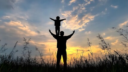 Father Lifting Son High Against Glowing Sunset Silhouette