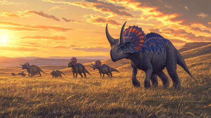 Fototapeta premium A herd of Ceratopsians grazing peacefully in an open prehistoric savanna, with rolling hills and sparse, tall grass extending into the horizon. Th